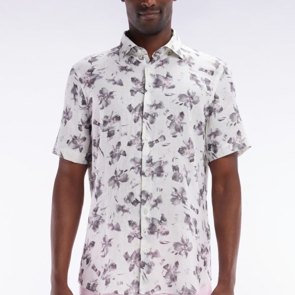 Chemise À Manches Courtes En Lin Écru À Imprimé Floral Gris Coupe Ajustée Eden Park