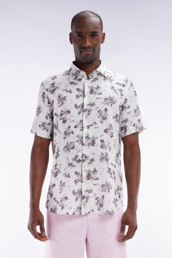 Chemise À Manches Courtes En Lin Écru À Imprimé Floral Gris Coupe Ajustée Eden Park