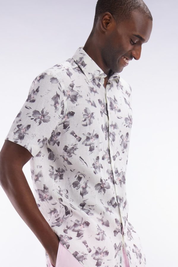Chemise À Manches Courtes En Lin Écru À Imprimé Floral Gris Coupe Ajustée Eden Park – Image 2