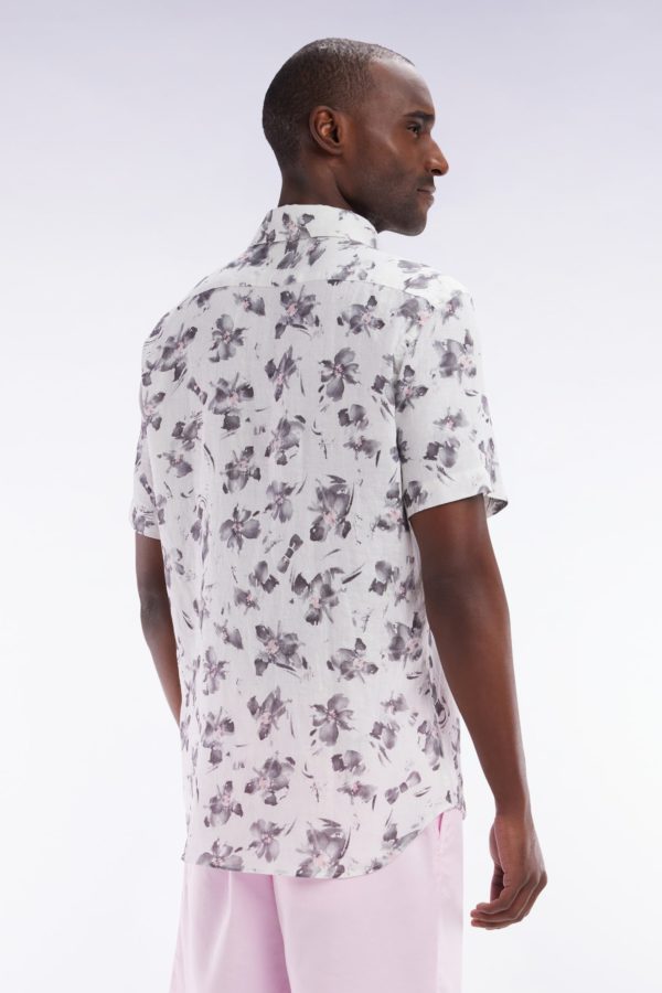 Chemise À Manches Courtes En Lin Écru À Imprimé Floral Gris Coupe Ajustée Eden Park – Image 3