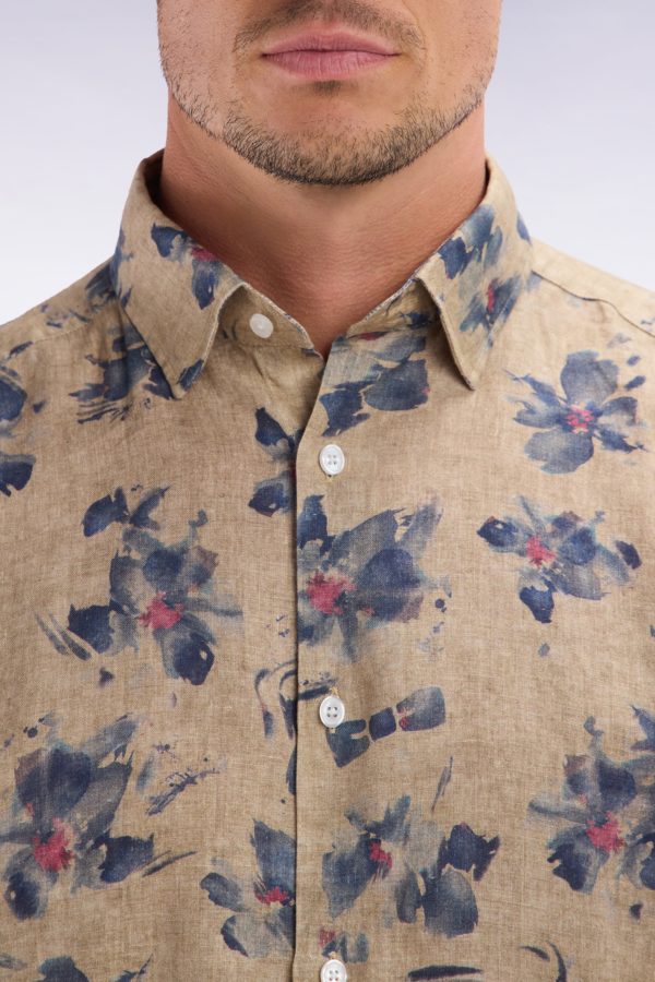 Chemise À Manches Courtes En Lin Beige À Imprimé Floral Gris Coupe Ajustée Eden Park – Image 4