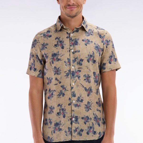Chemise À Manches Courtes En Lin Beige À Imprimé Floral Gris Coupe Ajustée Eden Park