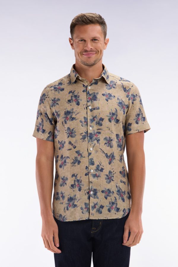 Chemise À Manches Courtes En Lin Beige À Imprimé Floral Gris Coupe Ajustée Eden Park