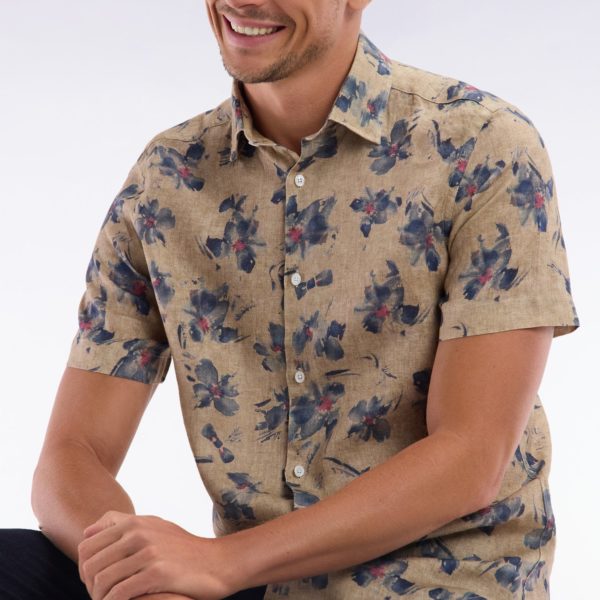 Chemise À Manches Courtes En Lin Beige À Imprimé Floral Gris Coupe Ajustée Eden Park
