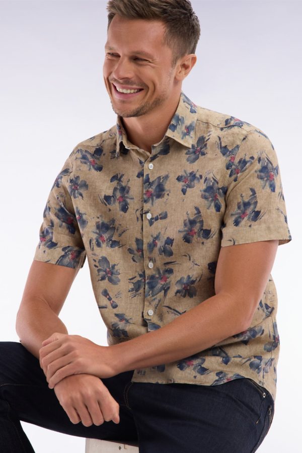 Chemise À Manches Courtes En Lin Beige À Imprimé Floral Gris Coupe Ajustée Eden Park – Image 2