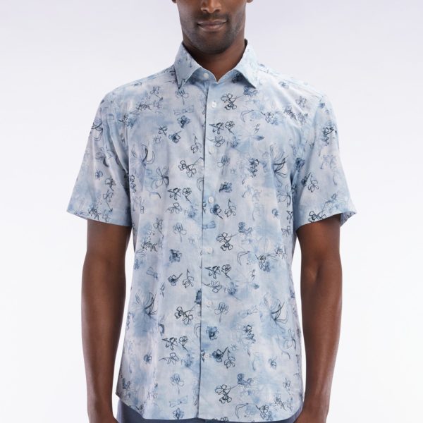 Chemise À Manches Courtes En Coton Bleu-gris À Imprimé Floral Coupe Ajustée Eden Park