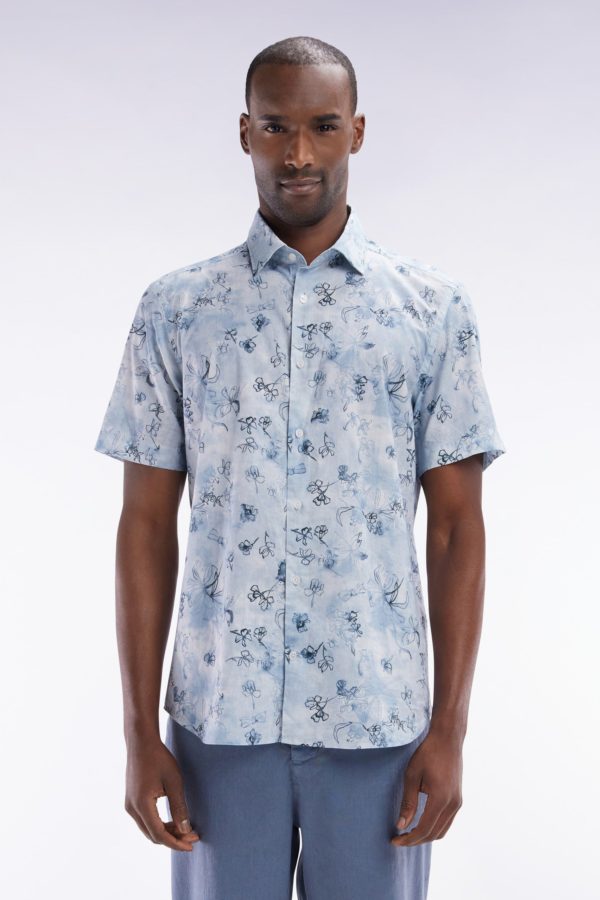 Chemise À Manches Courtes En Coton Bleu-gris À Imprimé Floral Coupe Ajustée Eden Park