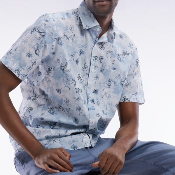 Chemise À Manches Courtes En Coton Bleu-gris À Imprimé Floral Coupe Ajustée Eden Park