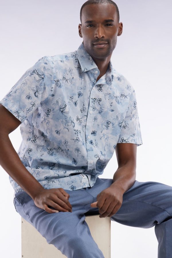 Chemise À Manches Courtes En Coton Bleu-gris À Imprimé Floral Coupe Ajustée Eden Park – Image 2