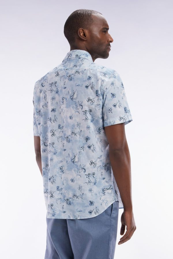Chemise À Manches Courtes En Coton Bleu-gris À Imprimé Floral Coupe Ajustée Eden Park – Image 3