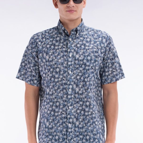 Chemise À Manches Courtes En Coton Marine À Microimprimé Palmiers Coupe Droite Eden Park