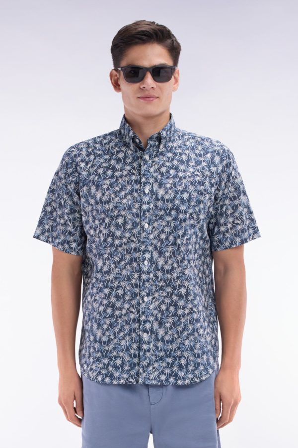 Chemise À Manches Courtes En Coton Marine À Microimprimé Palmiers Coupe Droite Eden Park