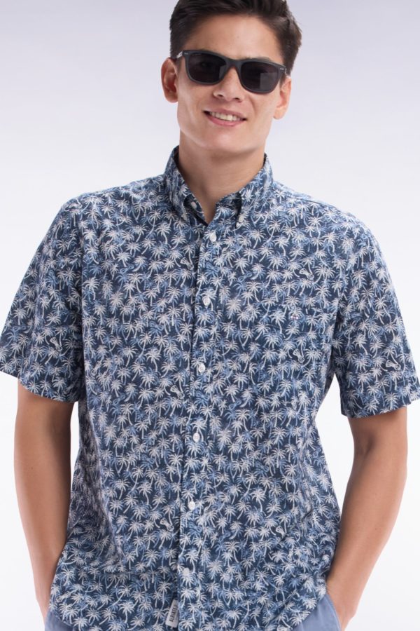 Chemise À Manches Courtes En Coton Marine À Microimprimé Palmiers Coupe Droite Eden Park – Image 2