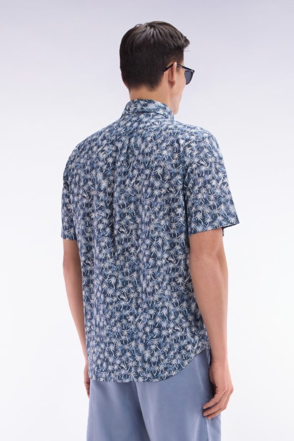Chemise À Manches Courtes En Coton Marine À Microimprimé Palmiers Coupe Droite Eden Park – Image 3