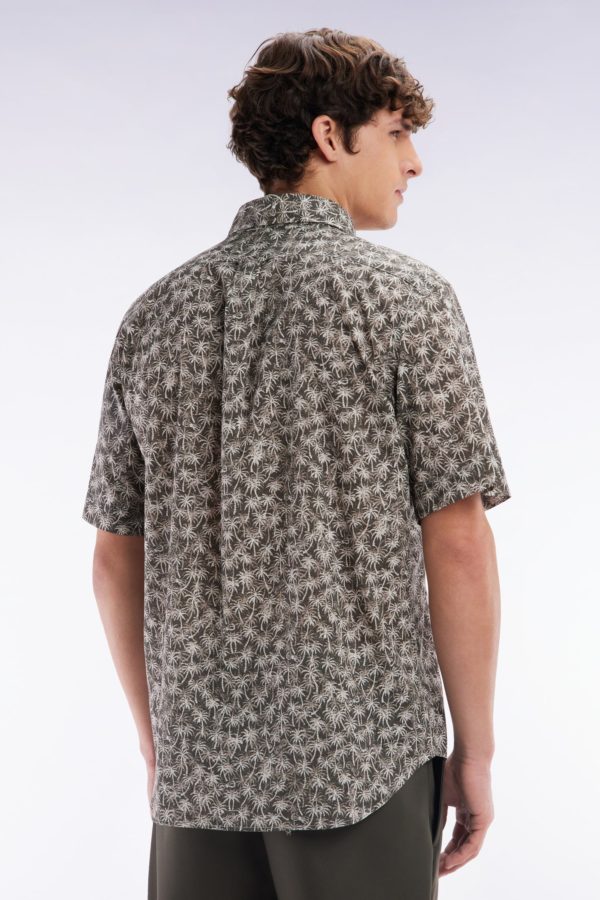 Chemise À Manches Courtes En Coton Kaki À Microimprimé Palmiers Coupe Droite Eden Park – Image 3
