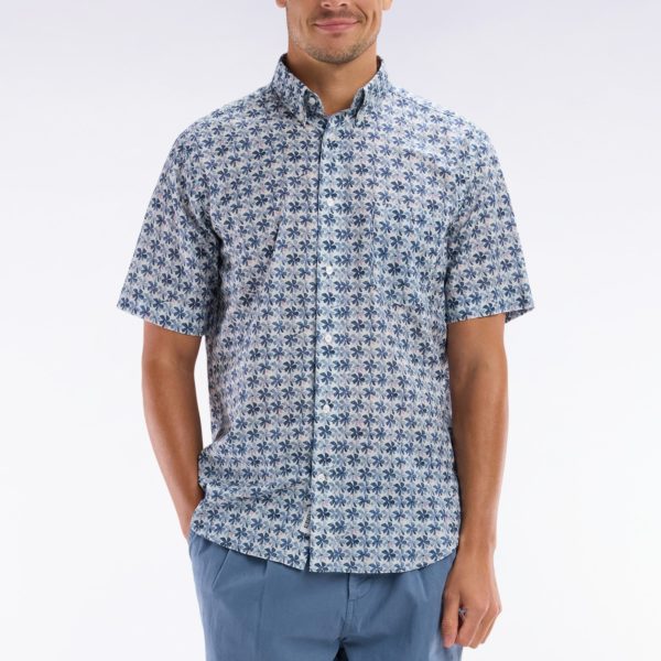 Chemise À Manches Courtes En Coton Gris Moyen Imprimé Fleurs Graphique Coupe Droite Eden Park