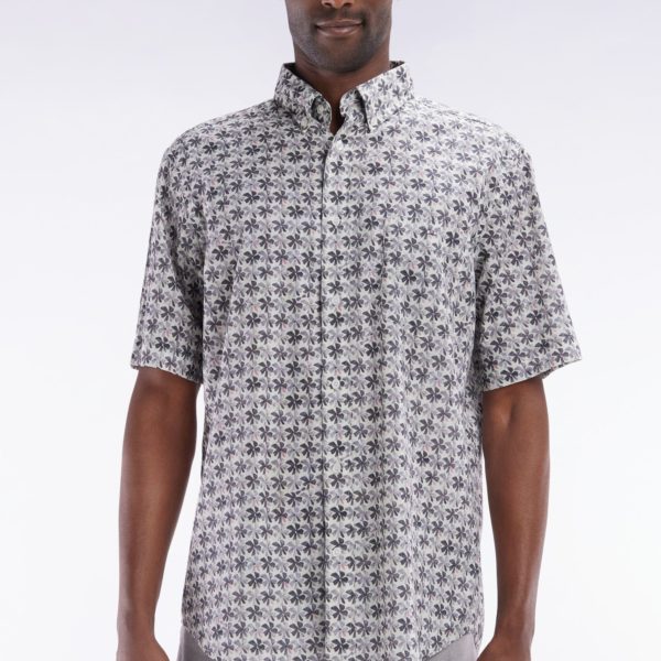Chemise À Manches Courtes En Coton Gris Imprimé Fleurs Graphique Coupe Droite Eden Park