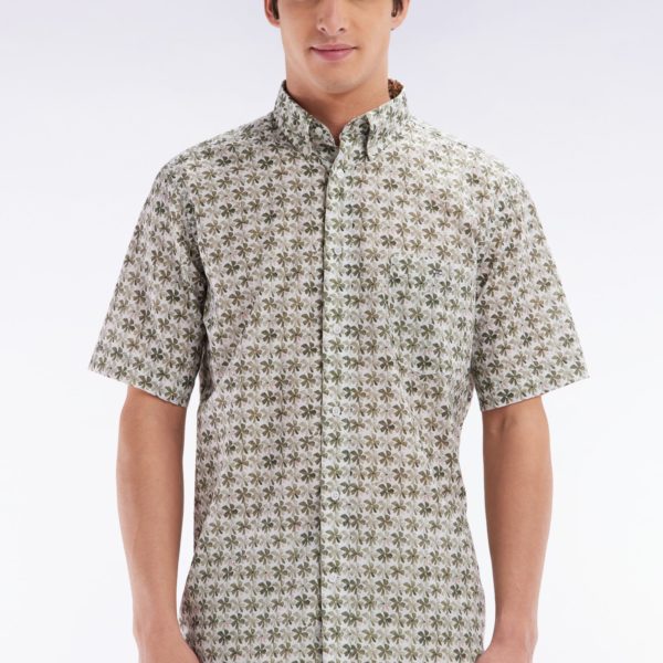 Chemise À Manches Courtes En Coton Kaki Imprimé Fleurs Graphique Coupe Droite Eden Park