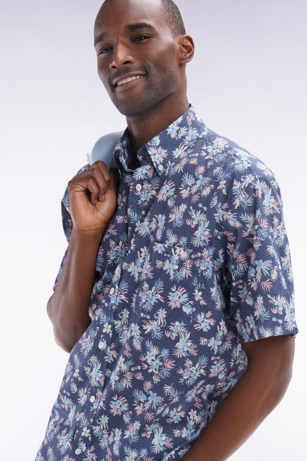 Chemise À Manches Courtes En Coton Marine Imprimé Fleurs Coupe Droite Eden Park – Image 2