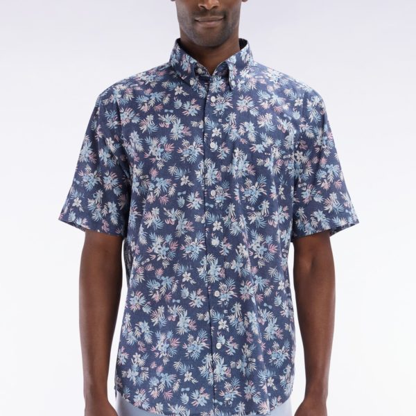 Chemise À Manches Courtes En Coton Marine Imprimé Fleurs Coupe Droite Eden Park