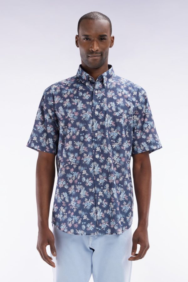 Chemise À Manches Courtes En Coton Marine Imprimé Fleurs Coupe Droite Eden Park