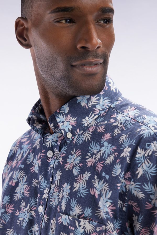 Chemise À Manches Courtes En Coton Marine Imprimé Fleurs Coupe Droite Eden Park – Image 4