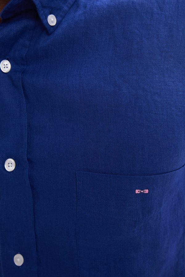 Chemise En Lin Bleu Foncé Unie Coupe Droite Eden Park – Image 4