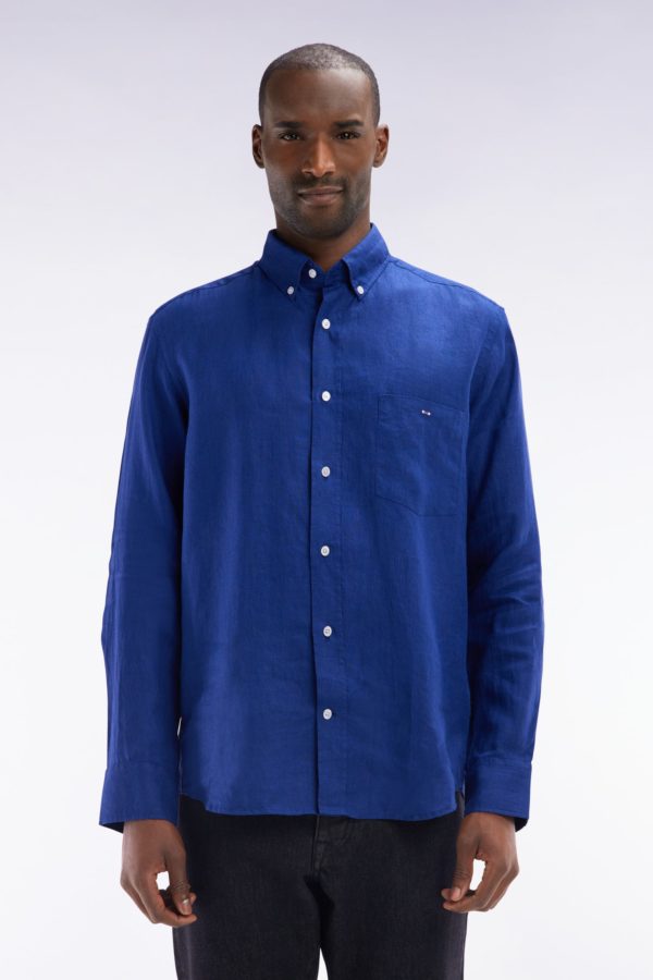 Chemise En Lin Bleu Foncé Unie Coupe Droite Eden Park