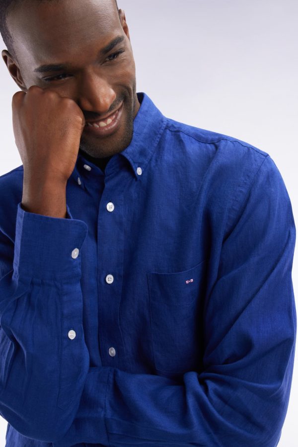 Chemise En Lin Bleu Foncé Unie Coupe Droite Eden Park – Image 2