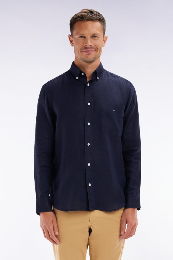 Chemise En Lin Marine Unie Coupe Droite Eden Park
