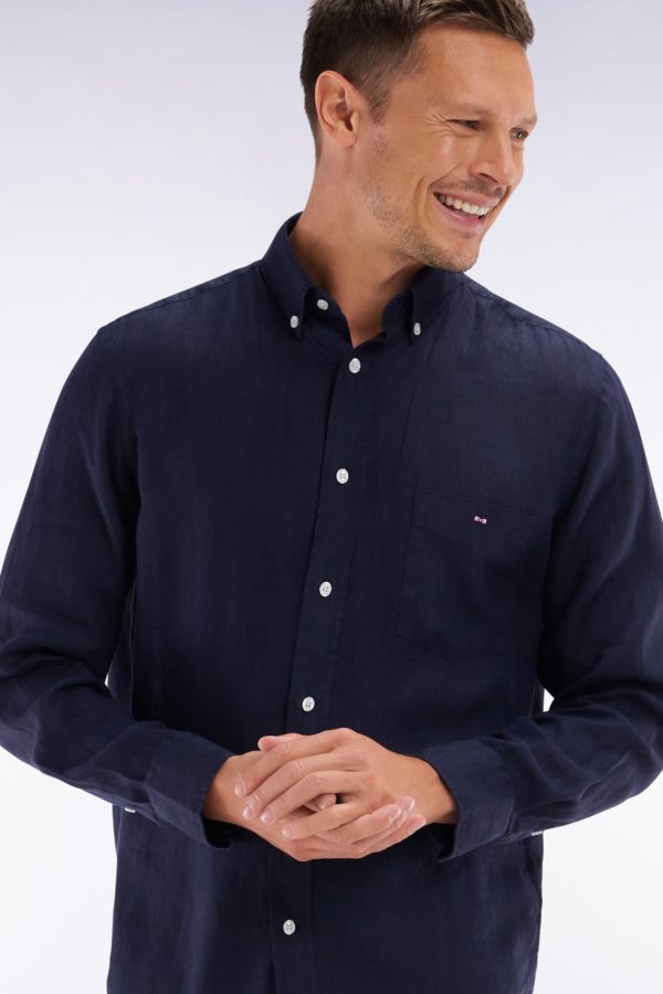 Chemise En Lin Marine Unie Coupe Droite Eden Park – Image 2