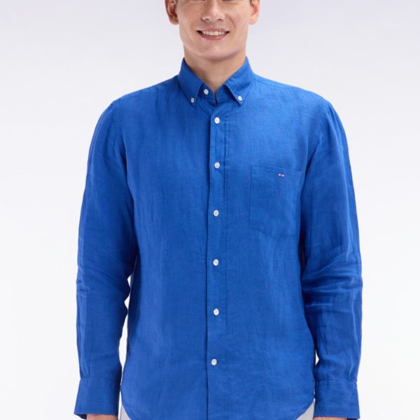 Chemise En Lin Bleu Unie Coupe Droite Eden Park