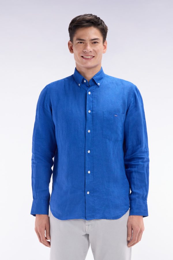 Chemise En Lin Bleu Unie Coupe Droite Eden Park