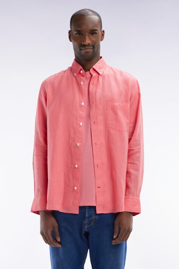 Chemise En Lin Rose Saumon Unie Coupe Droite Eden Park