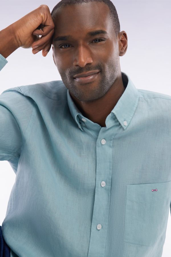 Chemise En Lin Vert D'eau Unie Coupe Droite Eden Park – Image 4