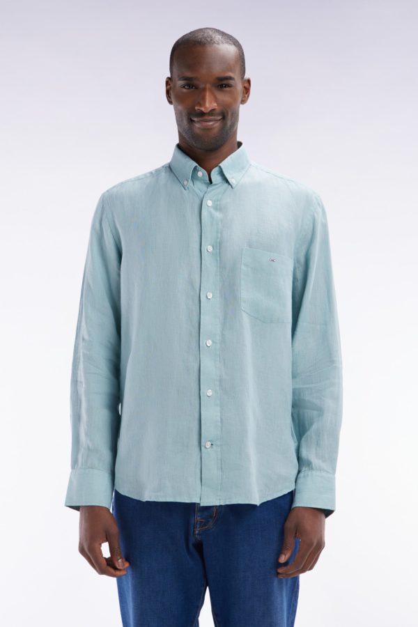Chemise En Lin Vert D'eau Unie Coupe Droite Eden Park