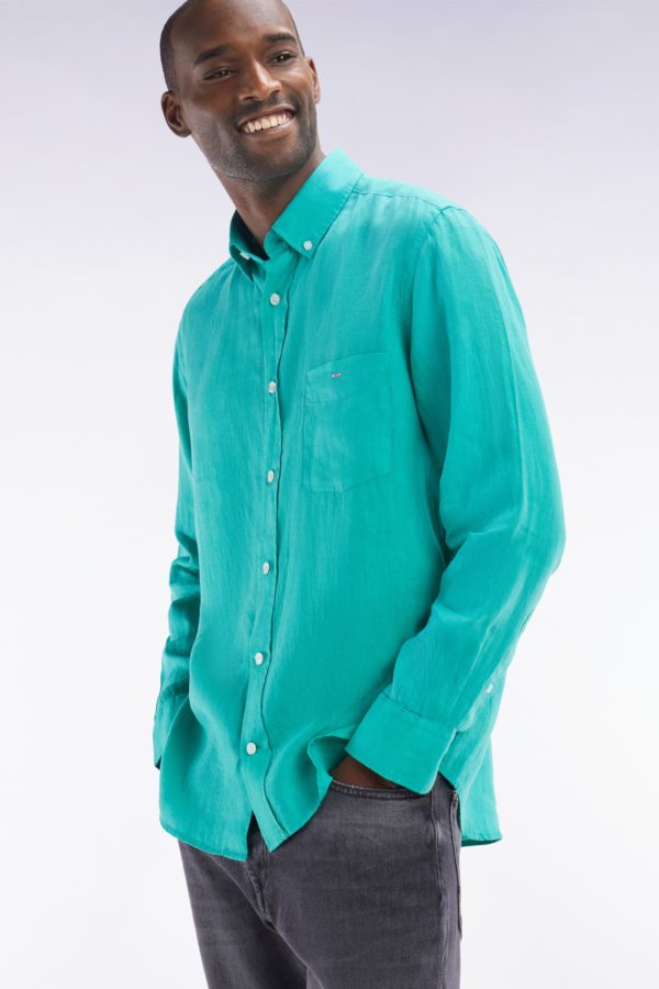 Chemise En Lin Vert Unie Coupe Droite Eden Park – Image 2