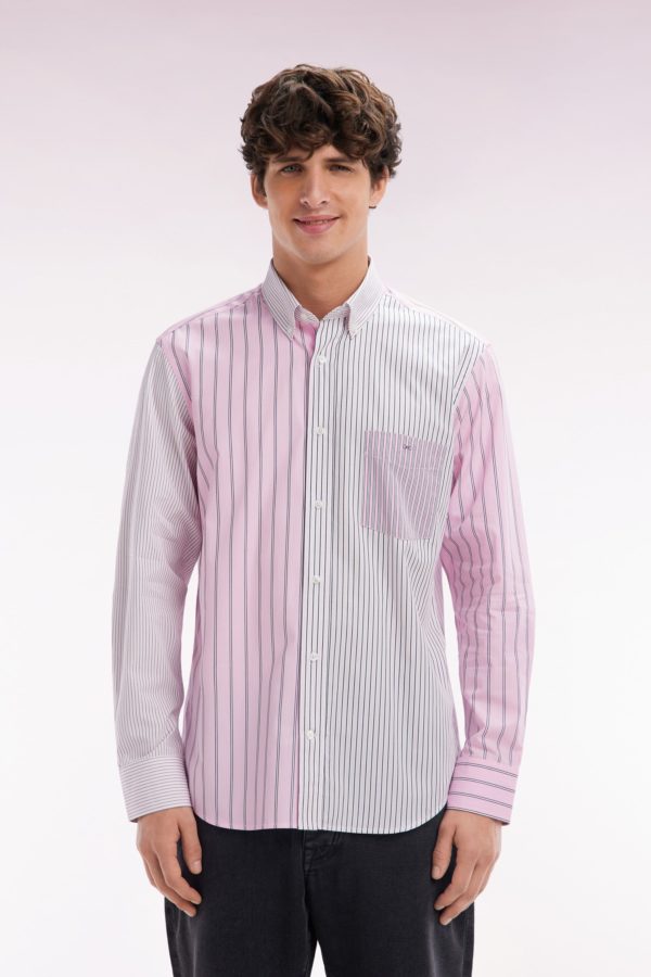 Chemise À Rayures Bâtons En Popeline De Coton Rose Coupe Droite Eden Park