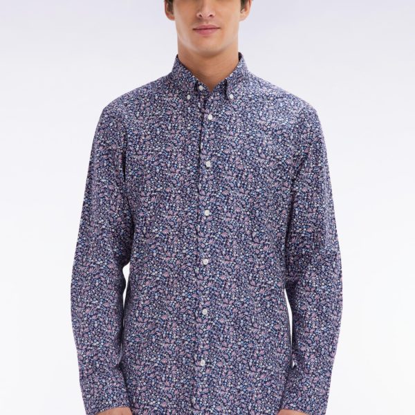 Chemise En Popeline De Coton Marine À Microimprimé Floral Coupe Droite Eden Park