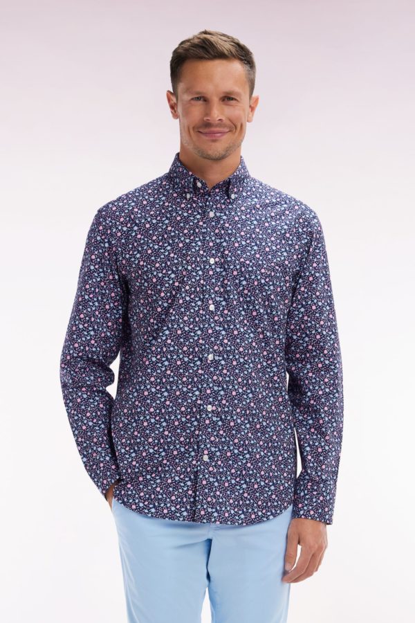 Chemise À Micromotifs En Coton Marine Coupe Droite Eden Park