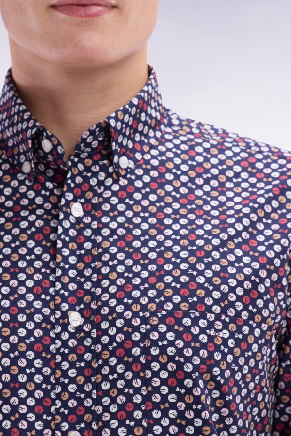 Chemise En Popeline De Coton Marine À Microimprimé Rouge Coupe Droite Eden Park – Image 3