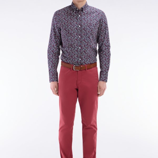 Chemise En Popeline De Coton Marine À Microimprimé Rouge Coupe Droite Eden Park