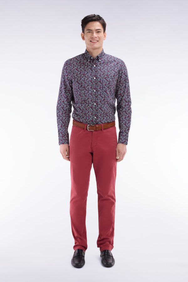 Chemise En Popeline De Coton Marine À Microimprimé Rouge Coupe Droite Eden Park
