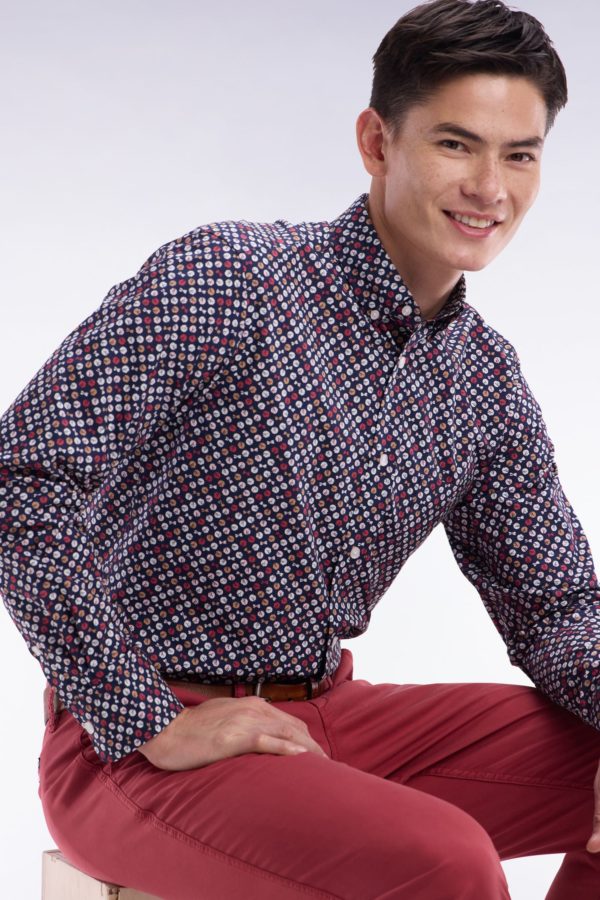 Chemise En Popeline De Coton Marine À Microimprimé Rouge Coupe Droite Eden Park – Image 2
