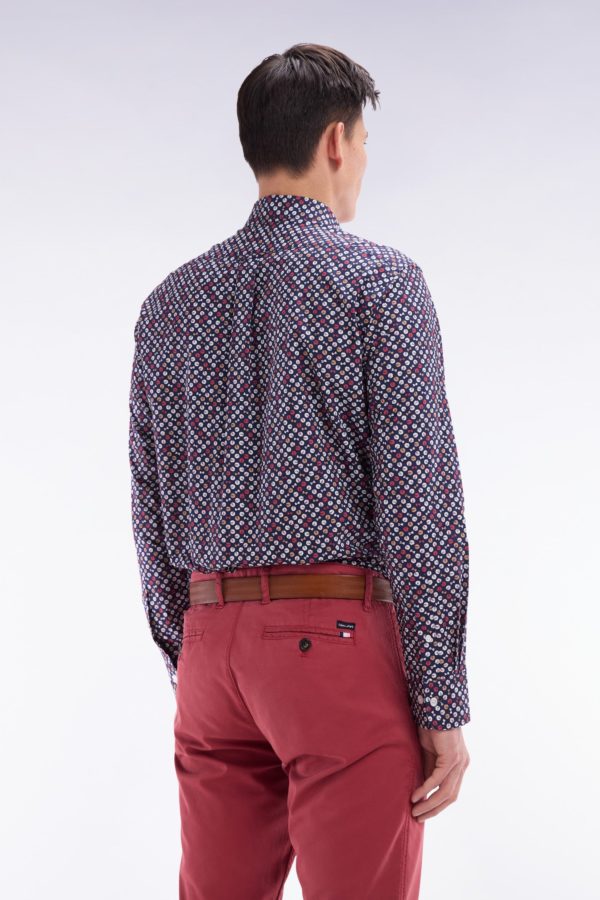 Chemise En Popeline De Coton Marine À Microimprimé Rouge Coupe Droite Eden Park – Image 4