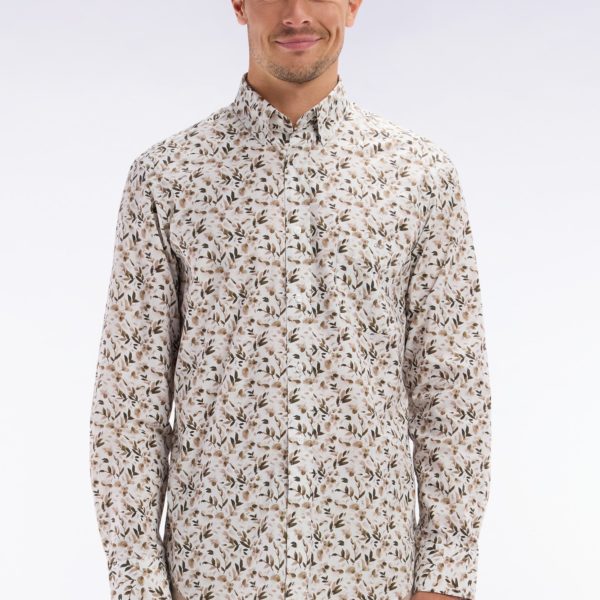 Chemise En Popeline De Coton Beige Microimprimé Végétal Coupe Droite Eden Park