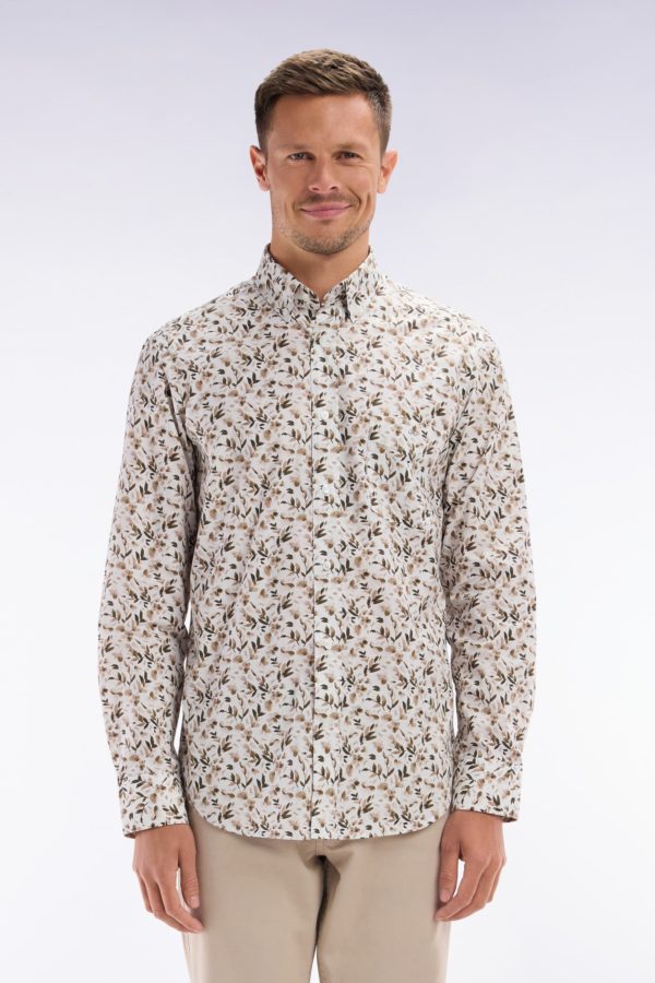 Chemise En Popeline De Coton Beige Microimprimé Végétal Coupe Droite Eden Park