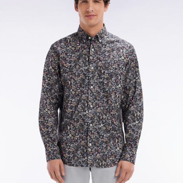 Chemise En Popeline De Coton Pima À Micro Imprimé Kaki Coupe Droite Eden Park