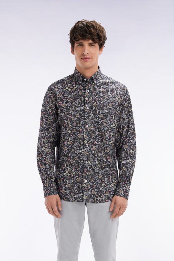 Chemise En Popeline De Coton Pima À Micro Imprimé Kaki Coupe Droite Eden Park
