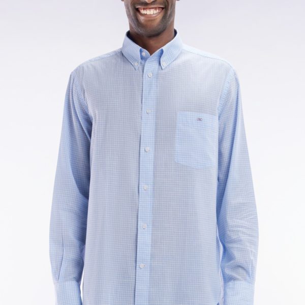Chemise En Popeline De Coton À Microcarreaux Vichy Ciel Coupe Droite Eden Park